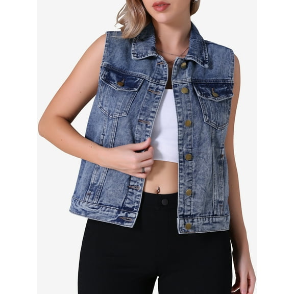 DARING DIVA Women's Denim Vest Button Down Sleeveless Jean Jacket XL Gray Blue