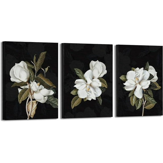 Canvas Floral Wall Art with Black and White Magnolia Flowers Art for Modern Home Bathroom Bedroom Decoration, 12x16 Inch 3 Panels Wrapped Canvas Art for Mother''s Day Gifts