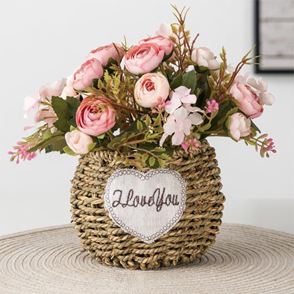 Canvas Flower Basket with Artificial Floral Arrangement, Romantic Gift for Mother’s Day Easter Valentine Home Wedding Decor