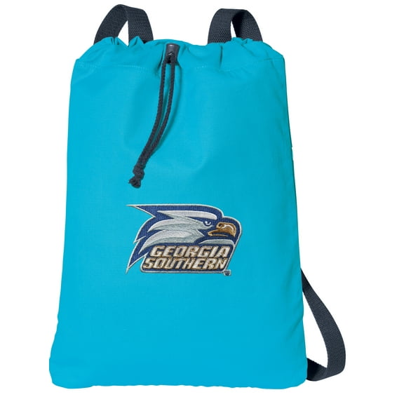 Canvas GSU Drawstring Backpack Aqua Natural Cotton Georgia Southern Cinch Bag with Wide Straps