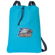 Canvas GSU Drawstring Backpack Aqua Natural Cotton Georgia Southern Cinch Bag with Wide Straps