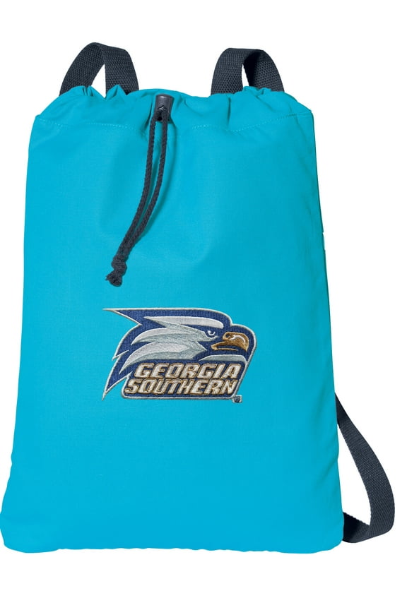 Canvas GSU Drawstring Backpack Aqua Natural Cotton Georgia Southern Cinch Bag with Wide Straps