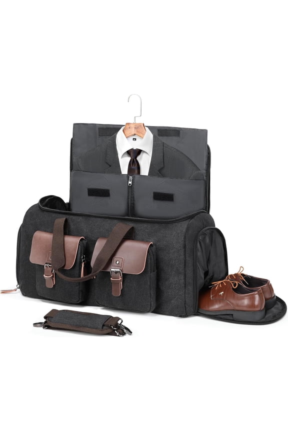 Canvas Garment Bags for Travel, Convertible Carry  Garment Duffel Bag for Men Women, 2 in 1 Suit Bag  Suitcase Business Travel Bag with Shoe Compartment (Black, L)