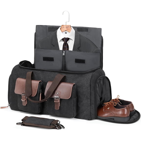 Canvas Garment Bags for Travel, Convertible Carry Garment Duffel Bag for Men Women, 2 in 1 Suit Bag Suitcase Business Travel Bag with Shoe Compartment (Black, L)