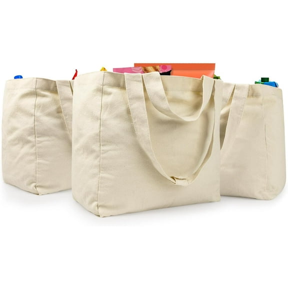 Canvas Grocery Bags with Dual Handles(3 Pack), Large Reusable Shopping Bags for Groceries, Inner Pockets, Washable, Shrink Resistant, Heavy Duty, Foldable