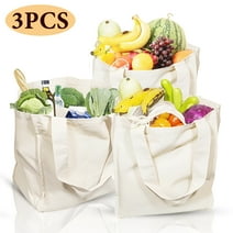 Canvas Grocery Bags with Handles Large Canvas Tote Bags Reusable Shopping Grocery Bags Eco-Friendly Bags 3 Pack Beige