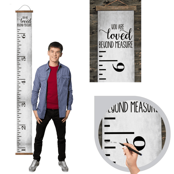 Canvas Growth Chart for Kids Gray You Are Loved Wall Ruler Growth Chart Wood Frame Fabric Sign Removable Height Measure Chart for Boys Girls Growth Ruler, Walnut Wood
