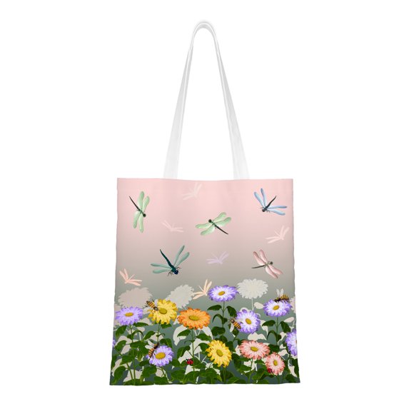 Canvas Hand-held Bag Flowers And Dragonflies Aesthetic for Women, Reusable Shopping Bags for Beach Grocery