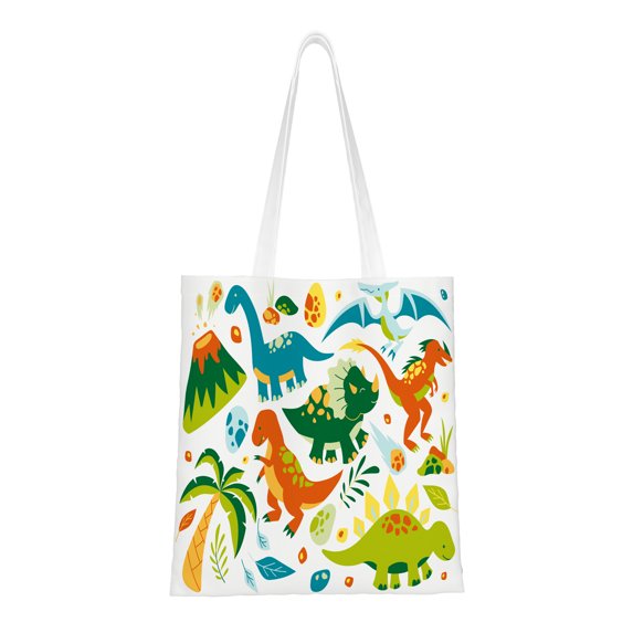 Canvas Hand-held Shopping Bags Colorful Dinosaurs With A Volcano Scene Reusable Canvas Gift Bags for Women Supplies Snack Grocery Bags