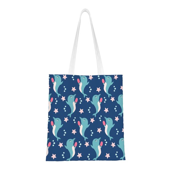 Canvas Hand-held Shopping Bags Cute Blue Dolphin Pink Ice Cream Reusable Canvas Gift Bags for Women Supplies Snack Grocery Bags