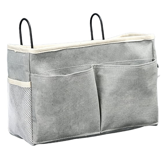 Canvas Hanging Bedside Caddy Organizer With Hook Pockets, Multi Purpose Storage Bag For Remote Glasses Books, Space Saving Pouch For Dorm Headboard, Gray