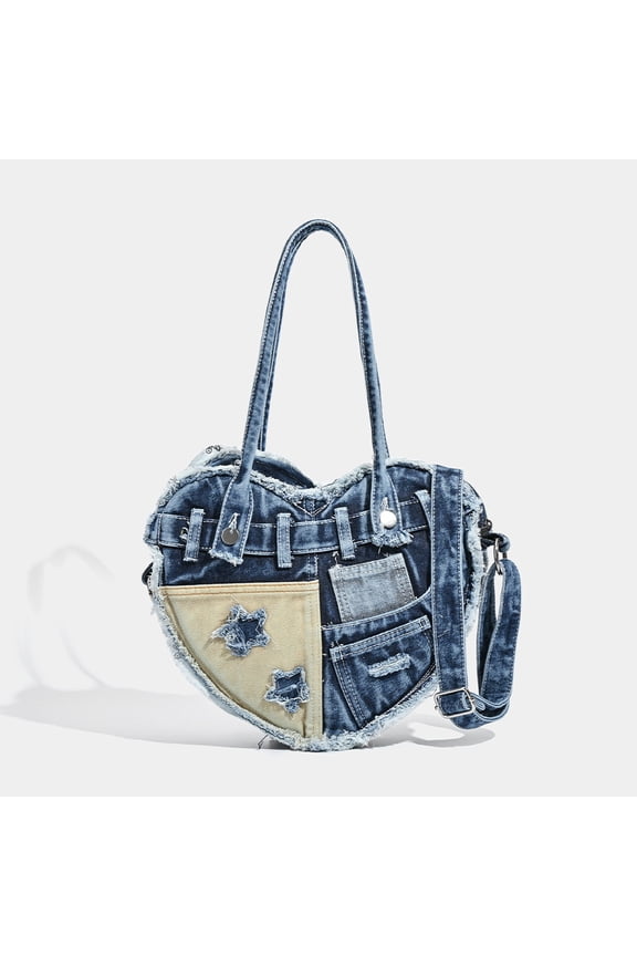 Canvas Hobo Shoulder Bag for Women, Denim Wash Style with Unique Ruffle and Heart Details, Medium-Sized Casual Crossbody Purse for Everyday Use.