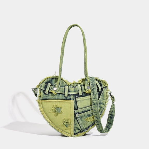 Canvas Hobo Shoulder Bag for Women, Denim Wash Style with Unique Ruffle and Heart Details, Medium-Sized Casual Crossbody Purse for Everyday Use.