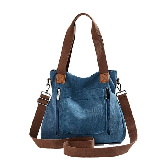 Canvas Hobo Shoulder Bag with Double Zippers, Brown Straps, Casual Tote Handbag for Women