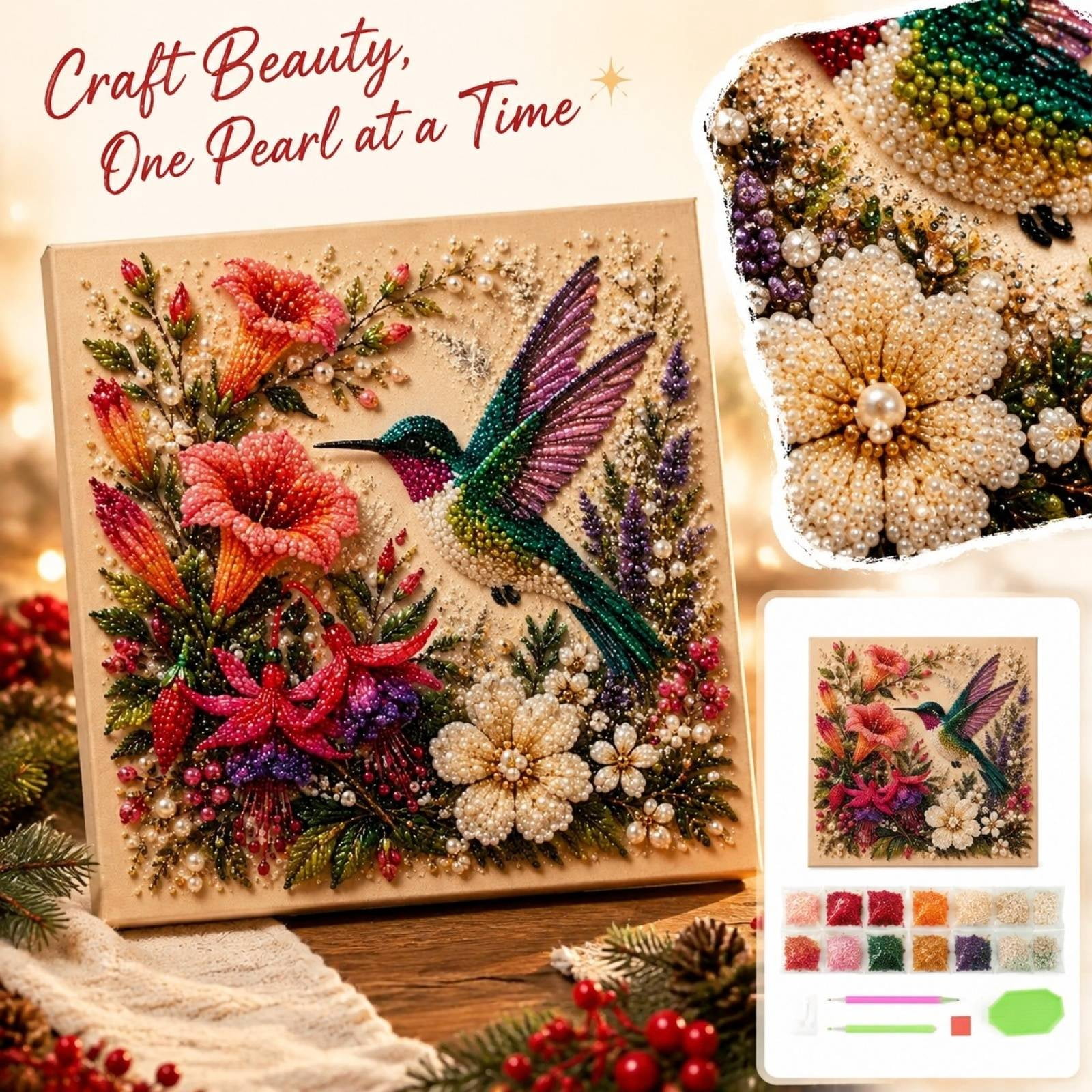 Canvas Hummingbird Pearl Art Kit, Bird & Floral Theme, Simulated Pearl ...