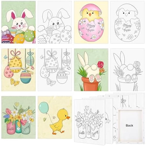 Canvas Kit, 6 Pack Easter Bunny Egg Pre Drawn Art Craft for Adults Kids Sip and Paint Party, 8x10 Inches, White, Art Deco