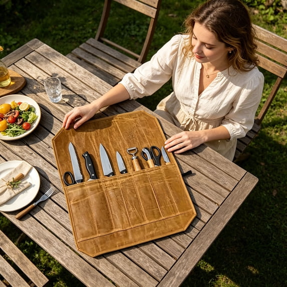 Canvas Knife Roll Bag,Portable Chef Knife Carrier Pouch Multi‑Slot Utensil Storage Roll For Camping Picnic Bbq Home Kitchen(Brown-22.05")