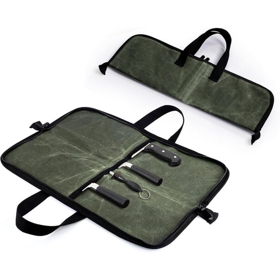Canvas Knife Roll Bag Portable Chef Tool Storage Case with Handles for Camping Picnic Barbecue and Kitchen Organization, Dark Green
