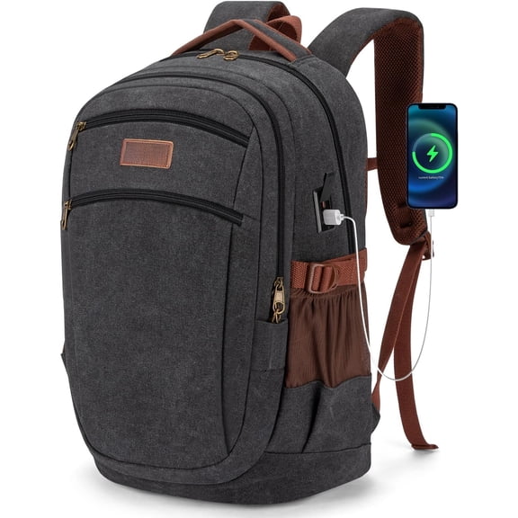Canvas Laptop Backpack for Men and Women,College Travel Work Rucksack with USB/Type-C Port,Lightweight Bookbag Hiking Casual Daypack Backpacks Fit 15.6 Inch Notebook(Black)