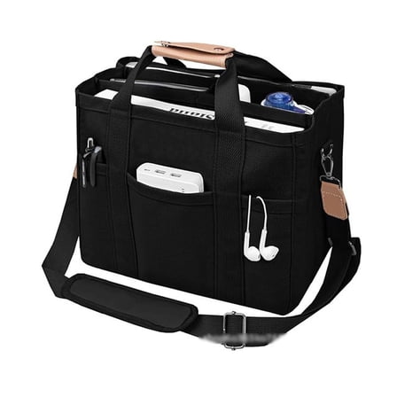 Canvas Laptop Tote Bag with Multiple Pockets, Shoulder Strap, Available in Black and Beige