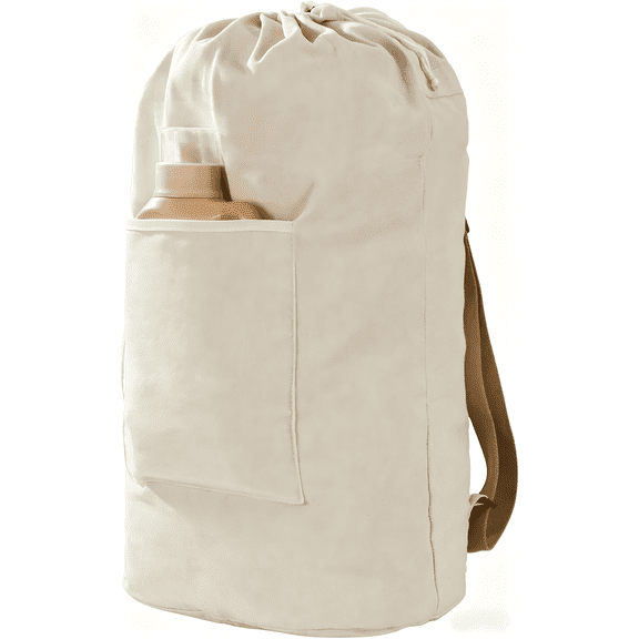 Canvas Laundry Bag Backpack with Adjustable Straps - Extra Large Washable Drawstring Bag for Clothes, Large Front Pocket, Beige