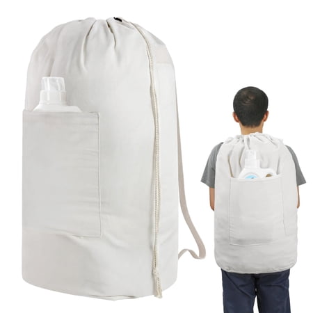Canvas Laundry Bag, TSV Large Travel Laundry Backpack with Straps, Large Front Pocket, Drawstring Cotton Dirty Clothes Bag, Beige