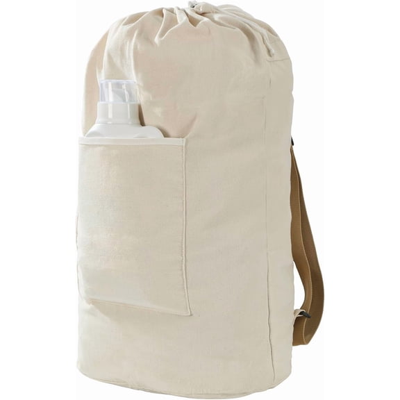 Canvas Laundry bag, Washable Laundry backpack, Adjustable Straps, Large Front Pocket, Drawstring Closure (BEIGE, X-Large)