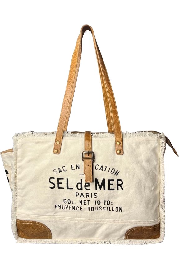 Canvas Leather Tote Bag for Women - Sel De Mer Upcycled Canvas Hobo Travel Handbag Ladies Purse Satchel