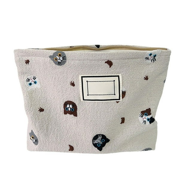 Canvas Makeup Bag Portable Cat Embroidery Zipper Closure Canvas Toiletry Pouch for Cosmetics Makeup Women Girls Vacation Travel Bags Beige Walmart Business Supplies