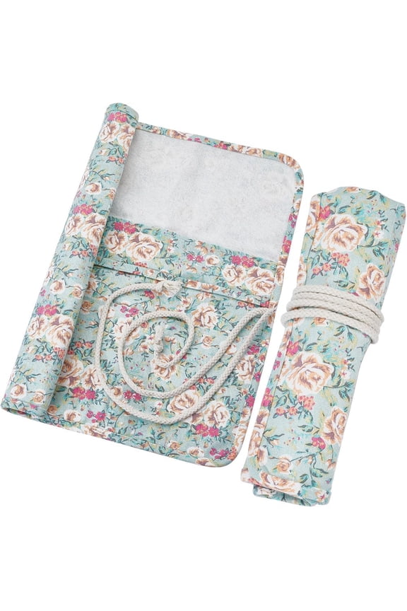 Canvas Makeup Brushes Wrap Flower Pattern Makeup Roll Holder Brushes Bag Roll Up Piant Floral Coloring Cosmetic Case Storage Organizer for Make Up Organizer Accessories with 20 Slots Pouch
