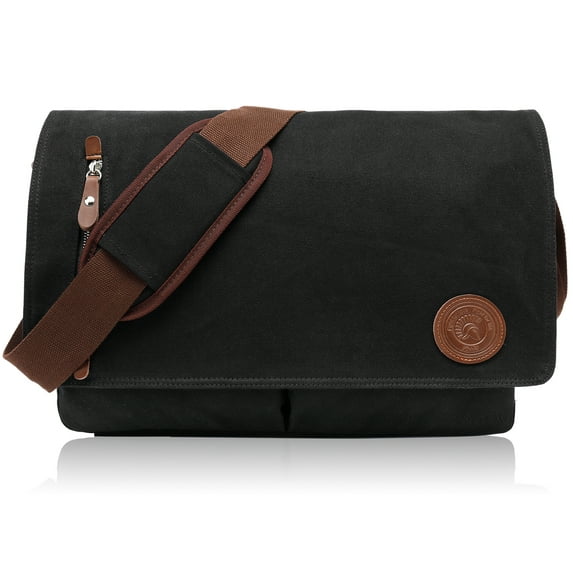 Canvas Messenger Bag 15.6" Laptop Bag for Men Women for School Work Travel - Black