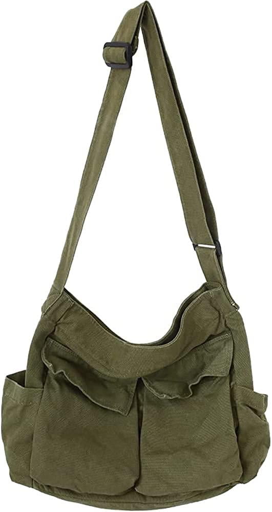 Canvas Messenger Bag Large Hobo Crossbody Bag with Multiple