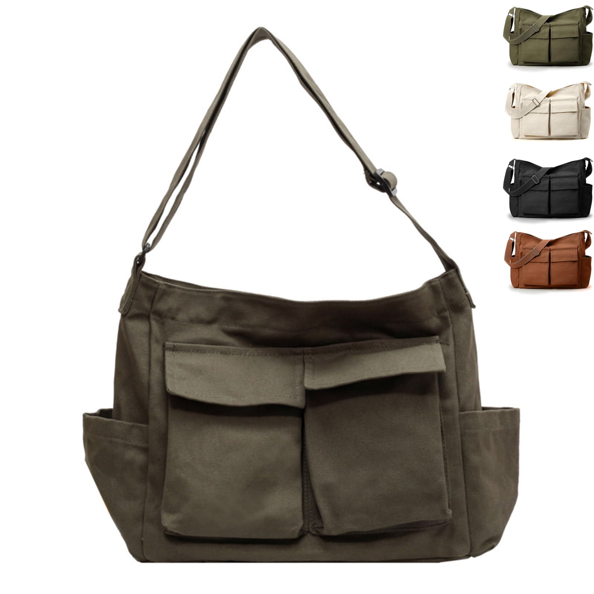 Canvas Messenger Bag Satchel Bag Crossbody Bag Shoulder Bag 14inch With Water Bottle Pocket Green