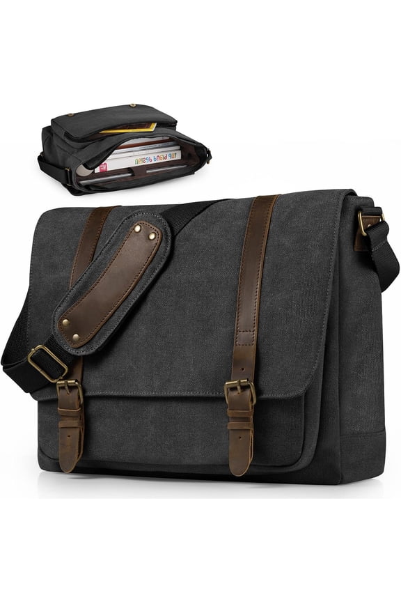 Canvas Messenger Bag for Men 15.6-16 inch Laptop bag,Computer Satchel Bag for School Work Travel (Black)