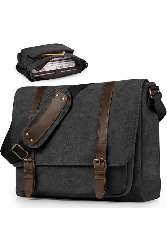 Canvas Messenger Bag for Men 15.6-16 inch Laptop bag,Computer Satchel Bag for School Work Travel (Black)