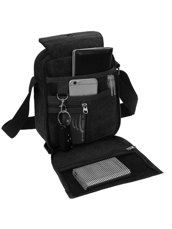 Canvas Messenger Bag with 8 Pockets Outdoor Shoulder Phone Bag for Men & Women, Black