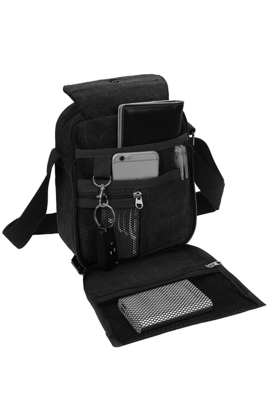 Canvas Messenger Bag with 8 Pockets Outdoor Shoulder Phone Bag for Men & Women, Black