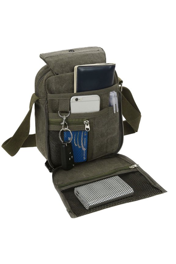 Canvas Messenger Bag with 8 Pockets Outdoor Shoulder Phone Bag for Men & Women, Green