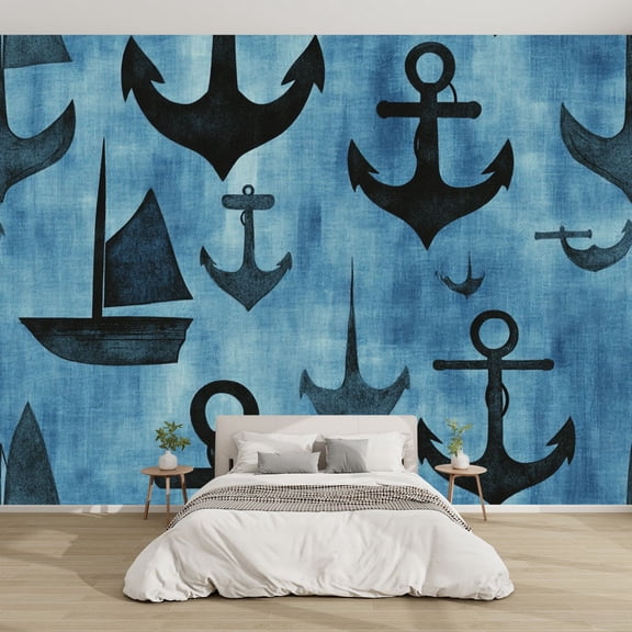 Canvas Modern Wallpaper Murals 3D Vintage Sailboats Anchors Textured Blue Denim Fabric Peel and Stick Removable Self-Adhesive Wall Stickers for Nursery Kids Bedroom TV Wall Decor
