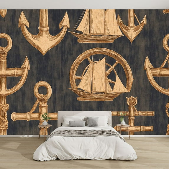 Canvas Modern Wallpaper Murals 3D Vintage Sepia Anchor Ship Wheel Pattern Dark Denim Peel and Stick Removable Self-Adhesive Wall Stickers for Nursery Kids Bedroom TV Wall Decor