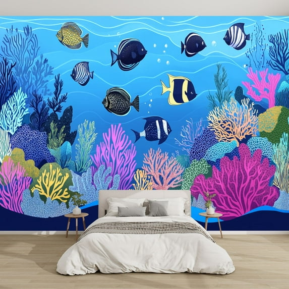 Canvas Modern Wallpaper Murals 3D Whimsical Coral With Tropical Fish Bold Lines Peel and Stick Removable Self-Adhesive Wall Stickers for Nursery Kids Bedroom TV Wall Decor