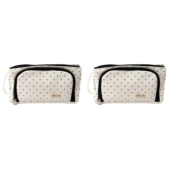 Canvas Multi-use Pencil Case,polka dot pencil case,Rectangular Large Capacity Pouch, 3 Compartments Pen Bag, Black Polka Dot,polka dot supplies 2PC