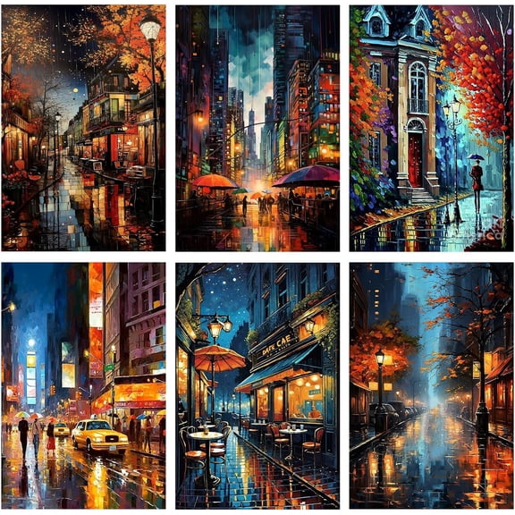 Canvas Night Painting by Numbers Kits for Adults, City Landscap Painting Kits for Beginners on Canvas, Easy DIY Painting with Paint Brushes Pigment Drawing Paintwork 8x10 inch Unframed