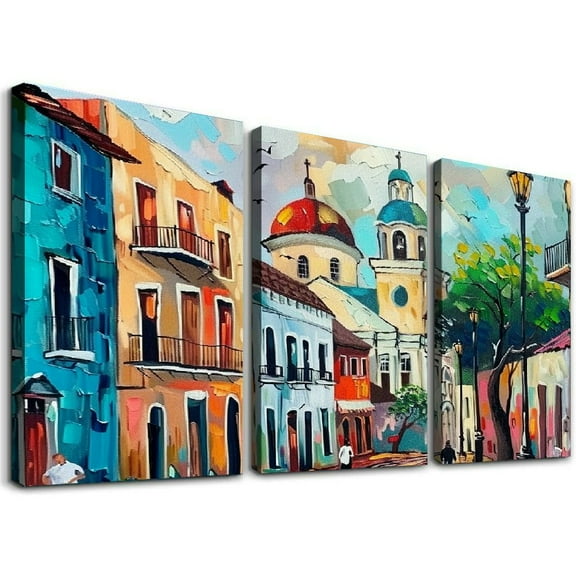 Canvas Oil Painting Painting Old San Juan Street Scene Puerto Ric Canvas Painting Wall for Bedroom Living Room Decor