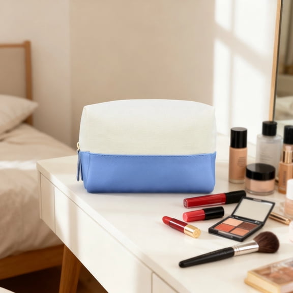 Canvas & PU Leather Cosmetic Bag, Color Block Travel Makeup Bag with Roomy Design, Portable Toiletry Organizer for Daily Use