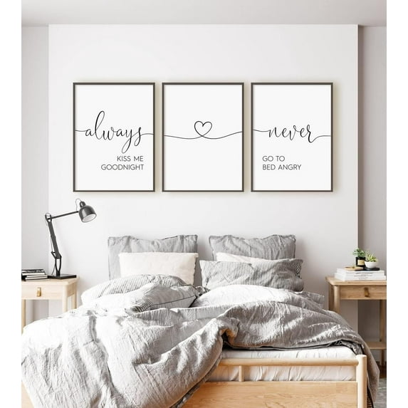 Canvas Painting Set of 3 Wall Art Always Kiss Me Goodnight Never Go To Bed Angry Posters Prints Gift Artwork for Master Bedroom Above Bed Decor with Inner Frame