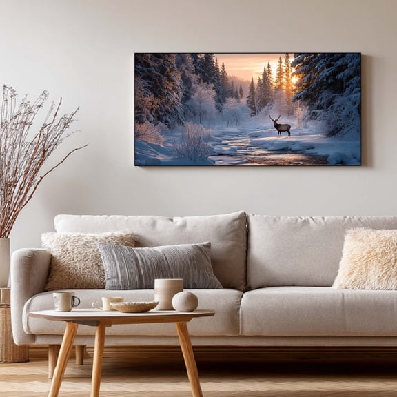Canvas Painting Winter Snowy Landscape Forest Deer Abstract Wall Art Pictures for Living Room Bedroom Decoration Canvas Pictures Poster Frameless