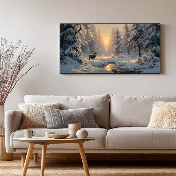 Canvas Painting Winter Snowy Landscape Forest Deer Abstract Wall Art Pictures for Living Room Bedroom Decoration Canvas Pictures Poster Frameless