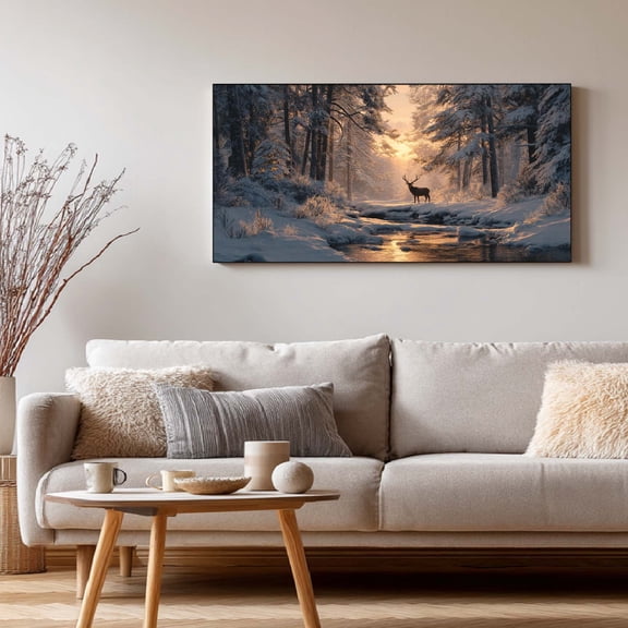 Canvas Painting Winter Snowy Landscape Forest Deer Abstract Wall Art Pictures for Living Room Bedroom Decoration Canvas Pictures Poster Frameless