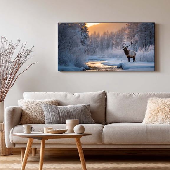 Canvas Painting Winter Snowy Landscape Forest Deer Abstract Wall Art Pictures for Living Room Bedroom Decoration Canvas Pictures Poster Frameless